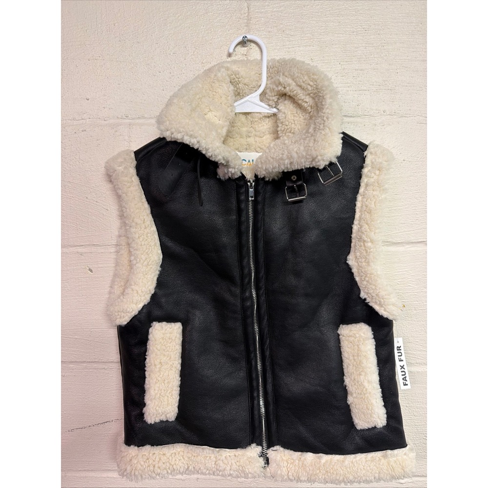 Cali1850 Women's Small Faux Shearling Moto Vest Black‎ Zip Front Buckle Collar